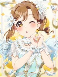 1girl ;o absurdres angel_wings birthday blush brown_hair commentary confetti english_text feathers highres kunikida_hanamaru kyaku_tasu looking_at_viewer love_live! love_live!_sunshine!! one_eye_closed signature solo twitter_username upper_body watermark white_feathers white_wings wings yellow_eyes