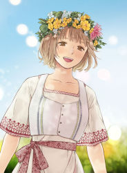 Rule 34 | 1girl, :d, blurry, blurry background, blush, brown eyes, brown hair, day, dress, dungeon meshi, falin touden, falin touden (tallman), flower, head wreath, highres, open mouth, sami (3a3i3a3i), sash, short hair, short sleeves, sky, smile, solo, upper body, vest
