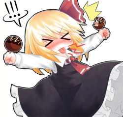 Rule 34 | &gt; &lt;, 1girl, :p, ^^^, blonde hair, blush, bow, embodiment of scarlet devil, closed eyes, female focus, food, hair bow, outstretched arms, razy (skuroko), rumia, short hair, solo, takoyaki, tongue, tongue out, touhou