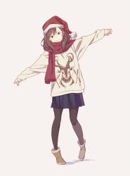Rule 34 | 1girl, animal print, black pantyhose, blue skirt, boots, brown footwear, brown hair, full body, goat, grey background, hat, highres, looking at viewer, miniskirt, original, outstretched arms, pantyhose, pleated skirt, popman3580, print shirt, red scarf, santa hat, scarf, shirt, simple background, skirt, smile, solo, spread arms, standing, sweater, white shirt, winter clothes