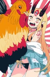 Rule 34 | 1girl, animal, bare shoulders, bikini, bird, black bikini, blonde hair, blurry, breasts, chicken, cowboy shot, depth of field, earrings, facial mark, facial tattoo, fangs, fate/grand order, fate (series), floral print, forehead mark, gluteal fold, holding, holding animal, horns, ibaraki douji (fate), ibaraki douji (swimsuit lancer) (first ascension) (fate), japanese clothes, jewelry, kimono, long hair, long sleeves, looking at viewer, off shoulder, oni, oni horns, open clothes, open kimono, open mouth, pointy ears, print kimono, rooster, sharp teeth, short kimono, small breasts, smile, solo, standing, swimsuit, tattoo, teeth, thigh gap, twitter username, yellow eyes, yukataro