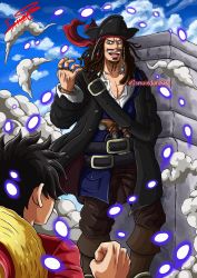 Rule 34 | 2boys, crossover, hat, highres, ismaindahouse, jack sparrow, jewelry, long hair, looking at another, monkey d. luffy, multiple boys, one piece, open mouth, pirate costume, pirate hat, pirates of the caribbean, ring, smile