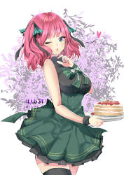 Rule 34 | 1girl, bare arms, black ribbon, black shirt, black thighhighs, blue eyes, blunt bangs, blush, bow, breasts, brooch, butterfly hair ornament, cake, cake slice, flower, food, frilled skirt, frills, go-toubun no hanayome, green bow, green skirt, hair ornament, heart, high-waist skirt, highres, holding, holding plate, jewelry, ku-ini, large breasts, looking at viewer, nail polish, nakano nino, one eye closed, open mouth, pink hair, pink nails, plate, ribbon, shirt, simple background, skirt, sleeveless, sleeveless shirt, sparkling eyes, strawberry shortcake, thick thighs, thighhighs, thighs, twintails, wrist cuffs, zettai ryouiki