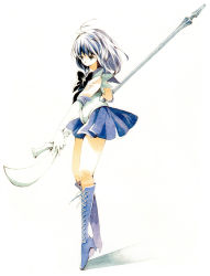 Rule 34 | 1990s (style), 1girl, bishoujo senshi sailor moon, black bow, black hair, blue dress, blue skirt, boots, bow, brooch, dress, expressionless, full body, gloves, green eyes, holding, holding polearm, holding spear, holding weapon, knee boots, no choker, ono-yuzi, pleated skirt, polearm, purple footwear, purple skirt, retro artstyle, sailor collar, sailor saturn, short hair, silence glaive, skirt, solo, spear, star brooch, tomoe hotaru, weapon, white background