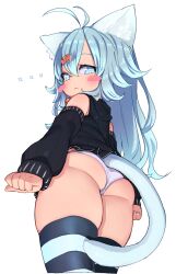 Rule 34 | ..., 1girl, animal ear fluff, animal ears, antenna hair, ass, bare shoulders, blue eyes, blue hair, blush stickers, bright pupils, cat ears, cat girl, cat tail, closed mouth, detached sleeves, hair between eyes, hair ornament, highres, itsukarine, long hair, looking at viewer, looking back, looking down, original, panties, simple background, solo, striped clothes, striped thighhighs, tail, thighhighs, underwear, white background, white pupils