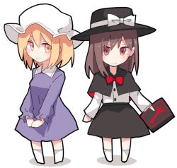 Rule 34 | 2girls, blonde hair, blush, book, bow, brown hair, capelet, chibi, dr.latency&#039;s freak report, dress, fedora, full body, hat, hat bow, holding, holding book, long sleeves, maribel hearn, mob cap, multiple girls, outline, own hands together, purple dress, red bow, red eyes, shiroshi (denpa eshidan), shirt, simple background, smile, touhou, usami renko, white background, white legwear, white shirt, yellow eyes