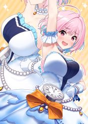 Rule 34 | 1girl, :d, absurdres, ahoge, arm up, armpits, baffu, beads, blush, bouncing breasts, bow, breasts, cleavage, clock, commentary request, detached collar, diagonal stripes, dress, fang, gloves, gradient background, hand on own hip, head out of frame, highres, idolmaster, idolmaster cinderella girls, large breasts, looking at viewer, motion lines, multiple views, open mouth, orange background, orange bow, purple eyes, roman numeral, smile, sparkle, strapless, strapless dress, striped, striped background, sweat, tareme, white dress, white gloves, yumemi riamu