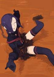 Rule 34 | 10s, 1girl, absurdres, bell, black gloves, black thighhighs, braid, chikujouin magane, closed eyes, gloves, highres, jewelry, long hair, necklace, partially submerged, pleated skirt, purple hair, re:creators, school uniform, serafuku, shrugging, single braid, skirt, solo, thighhighs, tongue, tongue out, zettai ryouiki