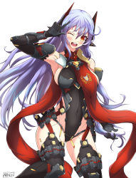 Rule 34 | 1girl, absurdres, android, blush stickers, breasts, highres, joints, large breasts, leotard, long hair, mechanical parts, nintendo, nithros, one eye closed, open mouth, poppi (xenoblade), poppi qtpi (xenoblade), purple hair, robot ears, robot joints, scarf, simple background, solo, white background, xenoblade chronicles (series), xenoblade chronicles 2
