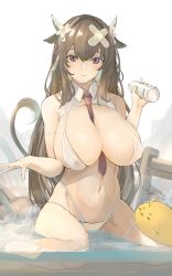 Rule 34 | 1girl, absurdres, animal ears, armlet, azur lane, bandaid, bandaid on head, bare shoulders, between breasts, bikini, bird, blush, bottle, breasts, chick, closed mouth, collarbone, commentary request, covered erect nipples, cow ears, cow girl, cow horns, cow tail, detached collar, flower, groin, hair between eyes, hair flower, hair ornament, highleg, highleg bikini, highres, holding, holding bottle, horns, kashino (azur lane), kashino (hot springs relaxation) (azur lane), large breasts, long hair, looking at viewer, manjuu (azur lane), milk bottle, multi-strapped bikini bottom, navel, necktie, necktie between breasts, onsen, partially submerged, red necktie, sidelocks, sitting, skindentation, solo, steam, stomach, swimsuit, tail, tearing up, thigh strap, very long hair, wariza, water, white bikini, white flower, yusha m
