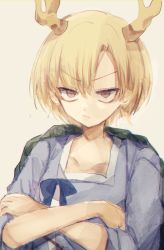 Rule 34 | 1girl, :/, antlers, blonde hair, blue shirt, breasts, closed mouth, collarbone, crossed arms, dragon horns, glaring, grey background, highres, horns, kicchou yachie, kujikimi, looking at viewer, orange eyes, parted bangs, shirt, short hair, simple background, sleeves past elbows, slit pupils, small breasts, solo, touhou, tsurime, turtle shell, upper body, v-shaped eyebrows
