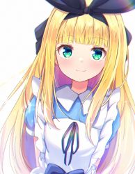 Rule 34 | 1girl, :3, apron, baram, black ribbon, blonde hair, blue dress, blush, closed mouth, collared dress, commentary request, dress, frilled apron, frills, green eyes, hair ribbon, long hair, looking at viewer, maid apron, mononobe alice, mononobe alice (1st costume), multicolored hair, nijisanji, puffy short sleeves, puffy sleeves, purple hair, ribbon, short sleeves, simple background, solo, two-tone hair, upper body, very long hair, virtual youtuber, white apron, white background