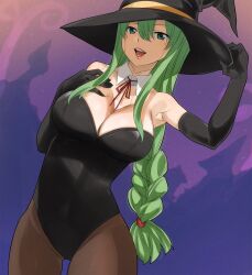 Rule 34 | 1girl, breasts, cleavage, colorized, eden&#039;s zero, gaston18, green eyes, green hair, hat, highres, large breasts, long hair, mashima hiro, solo, witch (eden&#039;s zero), witch hat
