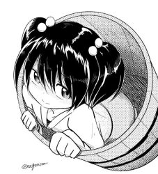 Rule 34 | 1girl, bucket, flat chest, foreshortening, from above, greyscale, hair bobbles, hair ornament, hand rest, in bucket, in container, kisume, long sleeves, looking at viewer, monochrome, shaded face, smile, solo, taurine 8000mg, touhou, twitter username, white background, wooden bucket
