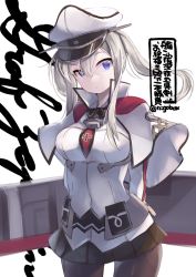 Rule 34 | 1girl, text background, black gloves, black pantyhose, black skirt, blonde hair, breasts, capelet, celtic knot, character name, commentary request, cowboy shot, cross, gloves, graf zeppelin (kancolle), grey eyes, hair between eyes, hat, iron cross, kantai collection, large breasts, long hair, looking at viewer, machinery, military, military hat, military uniform, miniskirt, n:go, necktie, pantyhose, peaked cap, pleated skirt, sidelocks, simple background, skirt, solo, twintails, uniform, white background