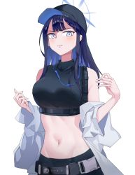 Rule 34 | 1girl, absurdres, bare shoulders, baseball cap, black hat, black shirt, blue archive, blue eyes, blue hair, blunt bangs, blush, breasts, commentary, crop top, groin, hands up, hat, highres, jacket, large breasts, long hair, looking at viewer, midriff, navel, off shoulder, open clothes, open jacket, saori (blue archive), shirt, simple background, sleeveless, sleeveless shirt, solo, stomach, upper body, white background, white jacket, younubu no luolikong
