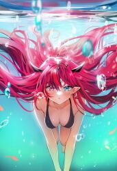 Rule 34 | 1girl, absurdres, air bubble, aqua eyes, bare shoulders, bikini, black bikini, breasts, bubble, demon horns, double halo, earrings, fish, goldfish, hair between eyes, halo, heterochromia, highres, hololive, hololive english, horns, irys (hololive), jewelry, long hair, looking at viewer, medium breasts, multicolored hair, pink eyes, pink hair, pointy ears, red hair, solo, soradally, star halo, streaked hair, swimming, swimsuit, underwater, very long hair, virtual youtuber