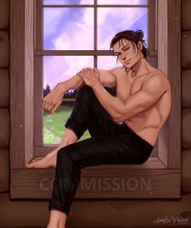 Rule 34 | 1boy, abs, absurdres, annlu vazzel, artist name, barefoot, blue eyes, brown hair, clip studio paint (medium), commentary, commission, dated, english commentary, eren yeager, flower, grass, hair bun, highres, male focus, muscular, muscular male, purple sky, shingeki no kyojin, single hair bun, sitting, sky, smile, solo, topless male, watermark, windowsill