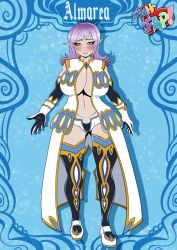 Rule 34 | 1girl, almarea (mhfap), breasts, elf, english text, highres, huge breasts, mhfap, pointy ears, punishedkom, purple hair, solo, yellow eyes