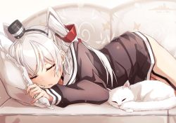 Rule 34 | 1girl, amatsukaze (kancolle), blush, brown dress, cat, closed eyes, couch, dress, fang, garter straps, hair between eyes, hair over shoulder, hair tie, hair tubes, hairband, holding, holding pillow, kantai collection, long hair, lying, on side, open mouth, panties, pillow, sailor dress, see-through, short dress, sidelocks, silver hair, sleeping, smokestack, solo, takanashi kei (hitsujikan), thighs, two side up, underwear, whiskers, white cat