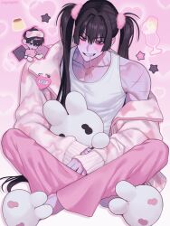 Rule 34 | 1boy, black eyes, black hair, chibi, cross scar, facial scar, gyuing666, highres, holding, holding stuffed toy, indian style, jacket, long hair, male focus, off shoulder, open clothes, open jacket, original, pants, pink pants, scar, scar on arm, scar on cheek, scar on face, sitting, slippers, smile, solo, stuffed animal, stuffed toy, tank top, teeth, twintails, white jacket, white tank top