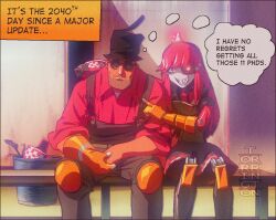 Rule 34 | 1boy, 1girl, artist name, bench, black overalls, brown pants, commentary, engineer (tf2), english commentary, english text, eyepatch, gloves, goggles, hat, long sleeves, mimi-sentry, overalls, pants, pointing, red engineer (tf2), red eyes, red hair, red shirt, sentry, sharp teeth, shirt, skirt, team fortress 2, teeth, thought bubble, top hat, torrrington, trash can