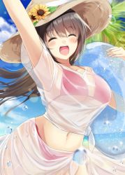 Rule 34 | 1girl, arm up, beach, bikini, blue sky, blush, breasts, brown hair, closed eyes, collarbone, day, flower, hat, highres, igayan, innertube, large breasts, long hair, navel, open mouth, original, palm tree, pink bikini, sarong, see-through, shirt, short sleeves, sky, smile, solo, summer, sun hat, sunflower, swim ring, swimsuit, tree, water drop, wet, wet clothes, white shirt