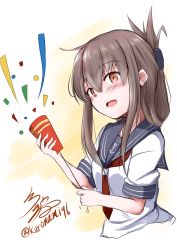 Rule 34 | 10s, 1girl, :d, absurdres, brown eyes, brown hair, confetti, folded ponytail, highres, inazuma (kancolle), kantai collection, looking at viewer, namikawa kuroha, neckerchief, open mouth, party popper, school uniform, serafuku, signature, smile, solo, twitter username