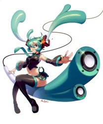 Rule 34 | 1girl, boots, detached sleeves, floating hair, full body, green eyes, green hair, hatsune miku, highres, long hair, matching hair/eyes, midriff, navel, nawol, necktie, outstretched arms, sitting, skirt, solo, speaker, spread arms, thigh boots, thighhighs, twintails, vocaloid, white background