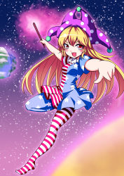 Rule 34 | 1girl, absurdres, american flag dress, american flag legwear, american flag shirt, bad id, bad pixiv id, blonde hair, blush, clownpiece, collar, dress, earth (planet), eyebrows, fire, foreshortening, frilled collar, frilled shirt collar, frills, hat, highres, jester cap, koissa, long hair, looking at viewer, open mouth, pantyhose, planet, polka dot, red eyes, shirt, short dress, short sleeves, solo, space, torch, touhou, very long hair