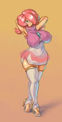 Rule 34 | 1girl, absurdres, aqua eyes, armpits, arms behind head, arms up, big hair, breasts, covered erect nipples, creatures (company), curvy, cutesexyrobutts, dress, full body, fusion, game freak, glasses, hair over one eye, high heels, highres, huge breasts, looking at viewer, lusamine (pokemon), mature female, nintendo, pink-framed eyewear, pink hair, pokemon, pokemon sm, see-through, semi-rimless eyewear, shiny skin, short hair, simple background, skindentation, sleeveless, sleeveless dress, smile, solo, standing, sweater, sweater dress, thighhighs, thighs, toes, turtleneck, wicke (pokemon), zettai ryouiki