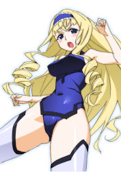 Rule 34 | &gt;:o, 10s, 1girl, :o, bare shoulders, blonde hair, blue eyes, blush, bodysuit, breasts, cecilia alcott, covered navel, cowboy shot, crotch, curly hair, drill hair, from below, hairband, halterneck, hip focus, infinite stratos, katou haruaki, legs apart, leotard, lolita hairband, long hair, looking at viewer, open mouth, outline, pelvic curtain, pilot suit, sidelocks, simple background, solo, thighhighs, thighs, turtleneck, v-shaped eyebrows, very long hair, white background, white thighhighs