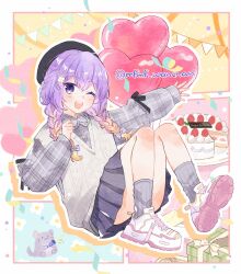 Rule 34 | 1girl, balloon, beret, black ribbon, blonde hair, braid, cake, chinchilla (animal), commentary, food, frills, gift, grey sweater vest, hair ornament, hairclip, hanamori natsumi, happy birthday, hat, heart balloon, highres, holding, holding party popper, light blush, looking at viewer, multicolored hair, one eye closed, open mouth, party popper, plaid, purple eyes, purple hair, ribbed socks, ribbon, shoes, skirt, smile, sneakers, socks, solo, strawberry shortcake, sweater vest, teeth, twin braids, twitter username, upper teeth only, wanmofu