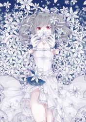 Rule 34 | 1girl, absurdres, bad id, bad pixiv id, blue ribbon, choker, collarbone, commentary request, cowboy shot, dress, drill hair, eyes visible through hair, floral background, flower, flower in mouth, foreshortening, frilled dress, frilled gloves, frills, from above, gloves, grey hair, hair between eyes, hair flower, hair ornament, hair ribbon, highres, idolmaster, idolmaster cinderella girls, idolmaster cinderella girls starlight stage, itou kai, kanzaki ranko, long hair, looking at viewer, lying, night, night sky, on back, outstretched arms, red eyes, ribbon, ribbon choker, sky, sleeveless, sleeveless dress, snowflakes, solo, star (sky), too many flowers, twin drills, twintails, white choker, white dress, white flower, white gloves, white ribbon, white theme