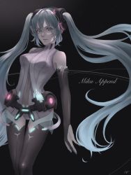 Rule 34 | 1girl, absurdres, api 6s, bad id, bad pixiv id, black background, black sleeves, black thighhighs, blue eyes, blue hair, character name, closed mouth, detached sleeves, floating hair, hair between eyes, hair intakes, hair ornament, hatsune miku, hatsune miku (append), highres, leotard, long hair, long sleeves, nail polish, solo, standing, thighhighs, twintails, very long hair, vocaloid, vocaloid append, white leotard