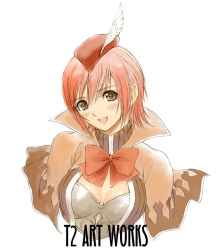 Rule 34 | 1girl, :d, armor, beret, blush, bow, bowtie, breasts, breasts apart, brown capelet, brown eyes, capelet, cleavage, cleavage cutout, cloak, clothing cutout, cropped torso, feathers, hair between eyes, hat, hat feather, head tilt, open mouth, pink hair, popped collar, red bow, red bowtie, red hair, seena kanon, sega, shining (series), shining wind, short hair, simple background, smile, solo, tony taka, white background