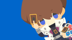 Rule 34 | 1boy, black pants, black shirt, blue background, blue eyes, brown hair, card, card pendant, chibi, coat, commentary, duel disk, dutch angle, highres, holding, holding card, jewelry, kaiba seto, looking at viewer, male focus, no mouth, open clothes, open coat, pants, pendant, rizu (rizunm), shirt, short hair, simple background, solo, standing, twitter username, white coat, yu-gi-oh!, yu-gi-oh! duel monsters