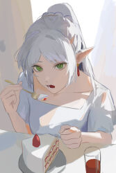 Rule 34 | 1girl, absurdres, alternate hairstyle, cake, cake slice, commentary, dangle earrings, earrings, eating, food, fork, frieren, glass, green eyes, highres, holding, holding fork, jewelry, long hair, looking at viewer, lower teeth only, open mouth, plate, pointy ears, ponytail, shirt, solo, sousou no frieren, teeth, white hair, white shirt, yoswr
