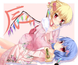 Rule 34 | 2012, 2girls, alternate hairstyle, ball, blonde hair, blush, body writing, circled 9, drawing on another&#039;s face, embodiment of scarlet devil, finger to face, flandre scarlet, flower, fujieda uzuki, girl on top, hagoita, hair bun, hair flower, hair ornament, hairclip, heart, highres, holding, hong meiling, japanese clothes, kimono, light purple hair, looking at viewer, lying, multiple girls, new year, no headwear, obi, off shoulder, on back, paddle, patterned, pout, red eyes, remilia scarlet, sash, short hair, siblings, simple background, single hair bun, sisters, smile, tears, touhou, wings