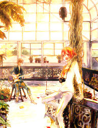 Rule 34 | 1boy, 1girl, :d, bad id, bad pixiv id, brown hair, camera, chair, greenhouse, guitar, instrument, kurosawa tomo, music, open mouth, orange hair, original, plant, playing instrument, potted plant, red eyes, sitting, smile, tree, window