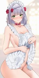 Rule 34 | 1girl, absurdres, apron, apron lift, bad id, bad pixiv id, breasts, closed mouth, clothes lift, collar, flower, genshin impact, hair flower, hair ornament, highres, large breasts, lifted by self, looking at viewer, naked apron, navel, noelle (genshin impact), nvl, red collar, short hair, silver hair, smile, solo, thighs, white apron