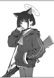 Rule 34 | 1girl, animal ears, blue archive, bren lmg, cat ears, choker, closed mouth, cowboy shot, extra ears, greyscale, gun, hair ornament, hairclip, halo, hand in pocket, highres, hood, hood down, hooded jacket, jacket, kazusa (blue archive), light machine gun, long sleeves, looking at viewer, mikazuchi zeus, monochrome, pantyhose, pleated skirt, short hair, skirt, solo, weapon