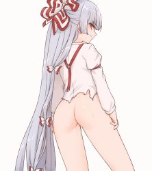 Rule 34 | 1girl, ass, bottomless, bow, burnt clothes, commentary, from behind, frown, fujiwara no mokou, grey hair, hair bow, highres, long hair, long sleeves, looking at viewer, looking back, miyo (ranthath), red eyes, shirt, simple background, solo, suspenders, sweat, torn clothes, torn shirt, touhou, very long hair, white background, white shirt