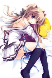 Rule 34 | 1girl, :o, black thighhighs, blonde hair, blue eyes, blush, female focus, hair intakes, highres, hisagiyuu, long hair, looking at viewer, loose thighhigh, lying, mashiroiro symphony, hugging object, on side, partially undressed, pillow, pillow hug, ribbon, school uniform, sena airi, solo, thighhighs, two side up