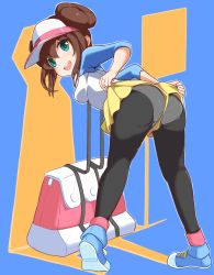 Rule 34 | 1girl, absurdres, ass, bag, bent over, black pantyhose, blouse, breasts, brown hair, clothes pull, creatures (company), double bun, from behind, full body, game freak, hair bun, hat, highres, kneepits, legs apart, lifted by self, looking at viewer, looking back, misleading thumbnail, nintendo, open mouth, panties, panties under pantyhose, pantyhose, pantyhose under shorts, papion, pokemon, pokemon bw2, pulled by self, rosa (pokemon), shirt, shoe soles, shoes, short shorts, shorts, shorts pull, small breasts, solo, standing, teeth, thighs, underwear, upper teeth only, visor cap, white hat, white panties, white shirt, yellow shorts