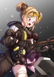 Rule 34 | 1girl, ammunition, black background, black gloves, black jacket, black shirt, blush, breasts, brown-framed eyewear, brown-tinted eyewear, brown hair, bullet, bullpup, commentary, dinergate (girls&#039; frontline), double bun, eyewear on head, fn 5.7x28mm, gas mask, girls&#039; frontline, gloves, gradient background, grey background, gun, hair bun, hair ornament, high-waist skirt, highres, holding, holding gun, holding weapon, hood, hood down, hooded jacket, horizontal magazine, jacket, mask, medium breasts, name connection, object namesake, open clothes, open jacket, open mouth, p90, p90 (girls&#039; frontline), partially fingerless gloves, pdw cartridge, personal defense weapon, red eyes, see-through, shirt, skirt, submachine gun, sunglasses, tinted eyewear, translucent, weapon, white skirt, yaosera