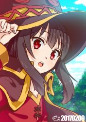 10s 1girl black_cape black_hair brown_hat cape female_focus hand_on_headwear hat kono_subarashii_sekai_ni_shukufuku_wo! megumin nyanmaru_(ememing) open_mouth red_eyes short_hair_with_long_locks solo