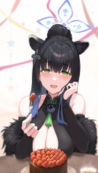 Rule 34 | 1girl, animal ears, black dress, black hair, blue archive, blue halo, blush, breasts, cake, center opening, chinese clothes, cleavage, dress, extra ears, food, fork, fruit, green eyes, halo, highres, holding, holding fork, jamgom, large breasts, long hair, looking at viewer, open mouth, ponytail, shun (blue archive), sidelocks, smile, solo, strawberry, tassel, upper body