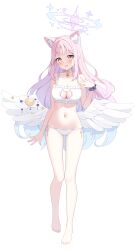 Rule 34 | 1girl, absurdres, angel wings, animal ear fluff, animal ears, barefoot, bell, black scrunchie, blue archive, blush, bra, breasts, cat cutout, cat ears, cat lingerie, cleavage, clothing cutout, collarbone, crescent, crescent pin, feathered wings, full body, halo, highres, jingle bell, kurumi lm, large breasts, long hair, looking at viewer, meme attire, mika (blue archive), navel, open mouth, panties, pink hair, pink halo, scrunchie, smile, solo, toes, underwear, white bra, white panties, white wings, wings, wrist scrunchie, yellow eyes