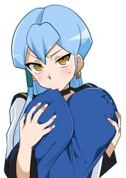 Rule 34 | 1girl, blue hair, blue shirt, blush, grabbing another&#039;s breast, breast sucking, breasts, cardfight!! vanguard, choker, covered erect nipples, female focus, gillian chen, grabbing, hands up, large breasts, light blush, long hair, looking at viewer, oda koziki, self breast sucking, grabbing own breast, shirt, signature, simple background, solo, upper body, white background, yellow eyes